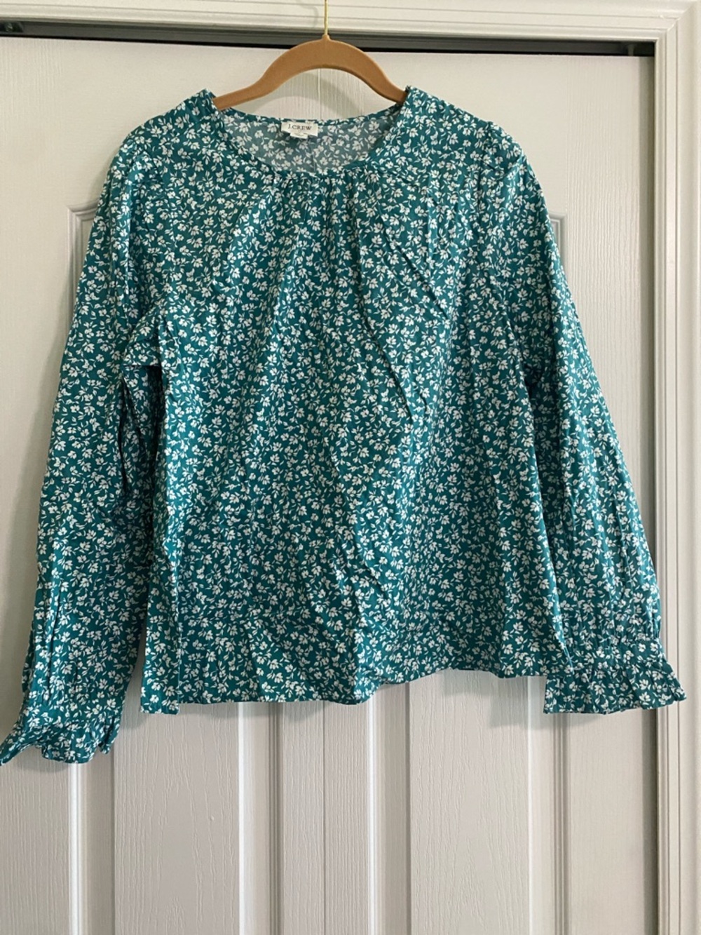 J. Crew Green Floral Long-Sleeve Peasant Blouse